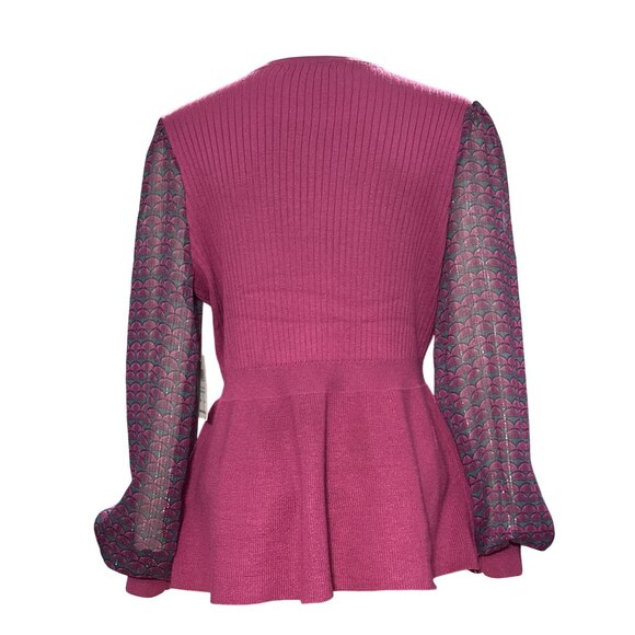 89th Madison NWT Medium Sheer Magenta Haze Knit Peplum Top Mesh Balloon Sleeves - Picture 6 of 12